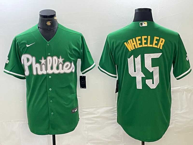 Mens Philadelphia Phillies #45 Zack Wheeler Kelly Green Cool Base Jersey->philadelphia phillies->MLB Jersey